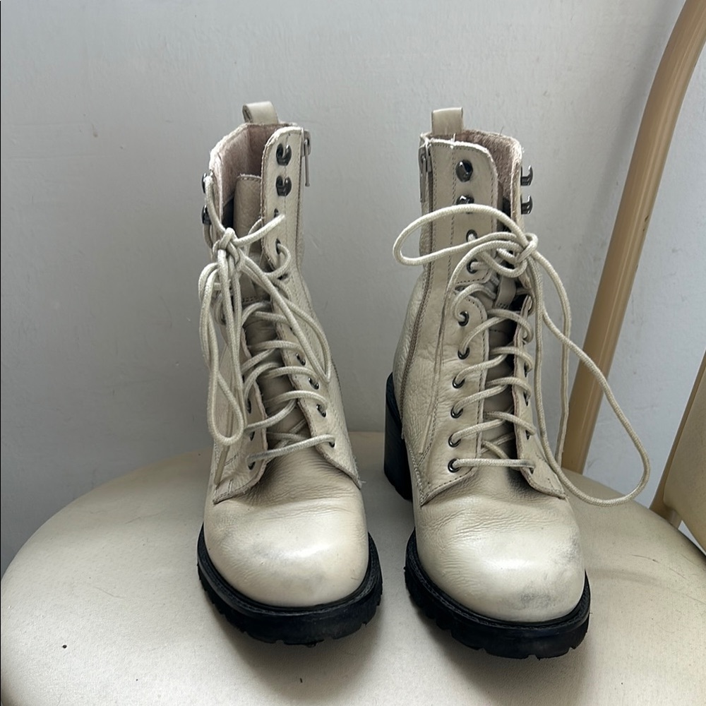 Women's Cream Lace-Up Boots